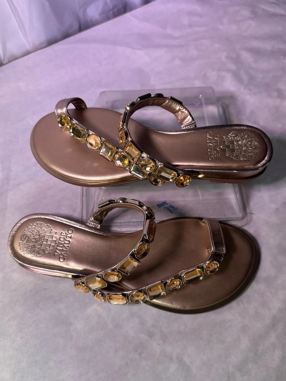 Vince Camuto Brown Sandals with Gold Gem Accents